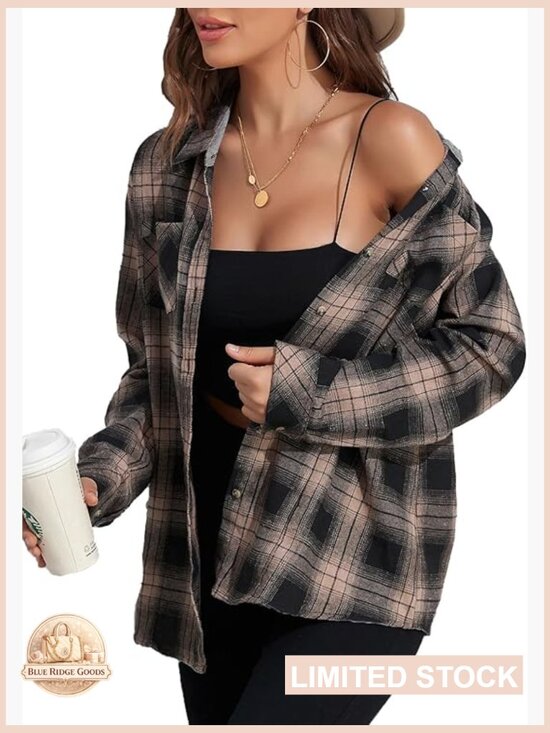 Tops - Plaid Flannel Button Down Shirt Loose Fit Long Sleeve Casual Blouse Tops